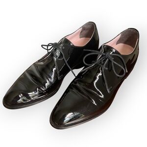 Everlane Italian Size 7.5 Black Patent Leather Lace Up Cushioned Tuxedo Shoes